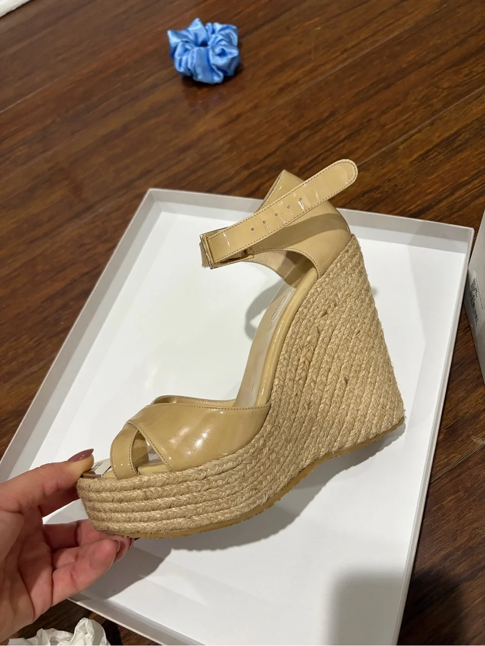 Jimmy Choo Beige Patent Espadrille Wedge Sandals